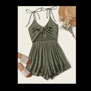 Solid Tie Front Shirred Back Cami Romper